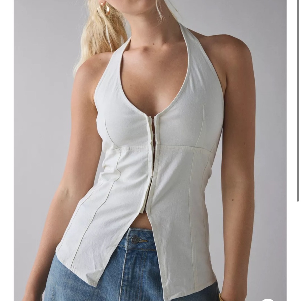 UO Sari Seamed Linen-Blend Halter Vest Top